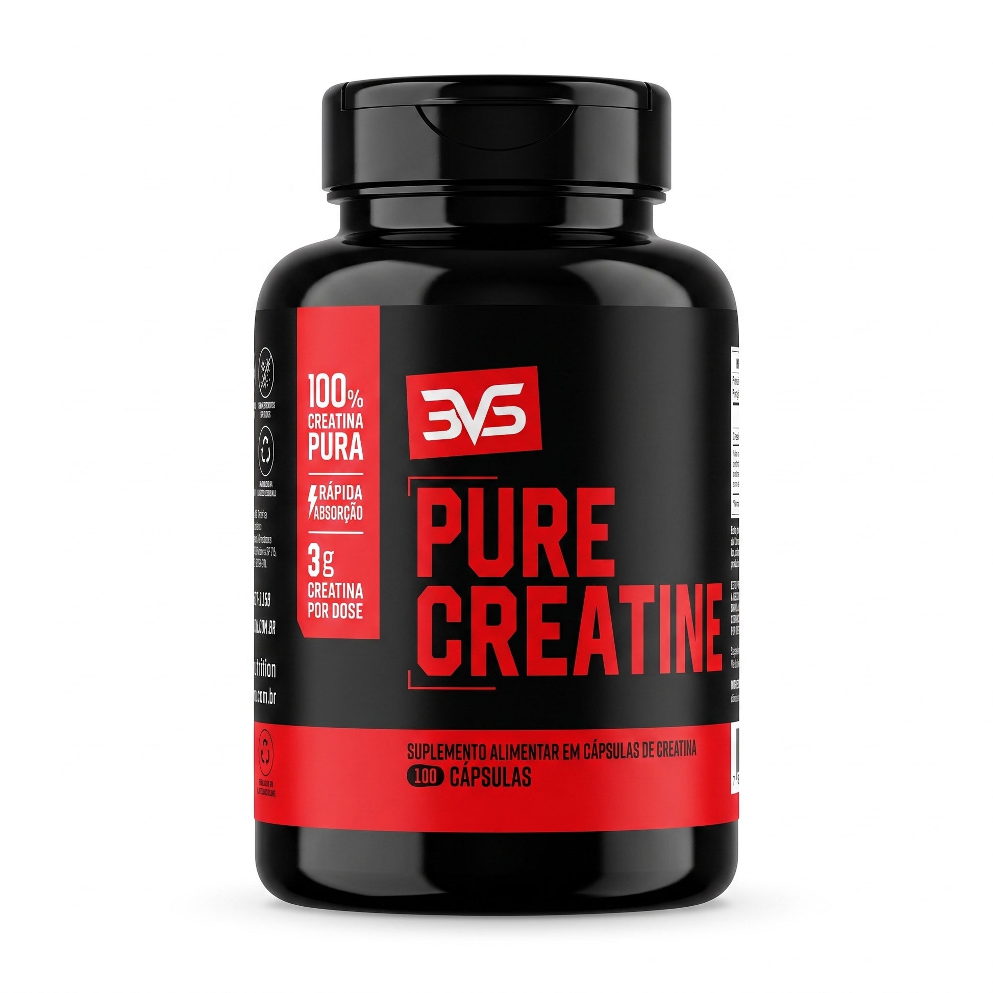 Creatina em Cápsulas Pure Creatine 3VS — 100 cápsulas, pote fundo branco