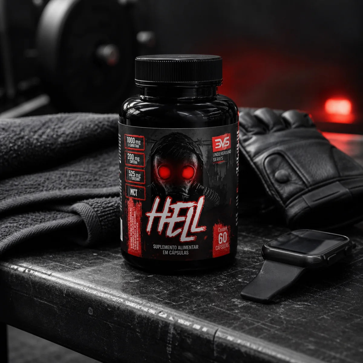 Termogênico Hell 3VS em bancada de treino com luvas e relógio