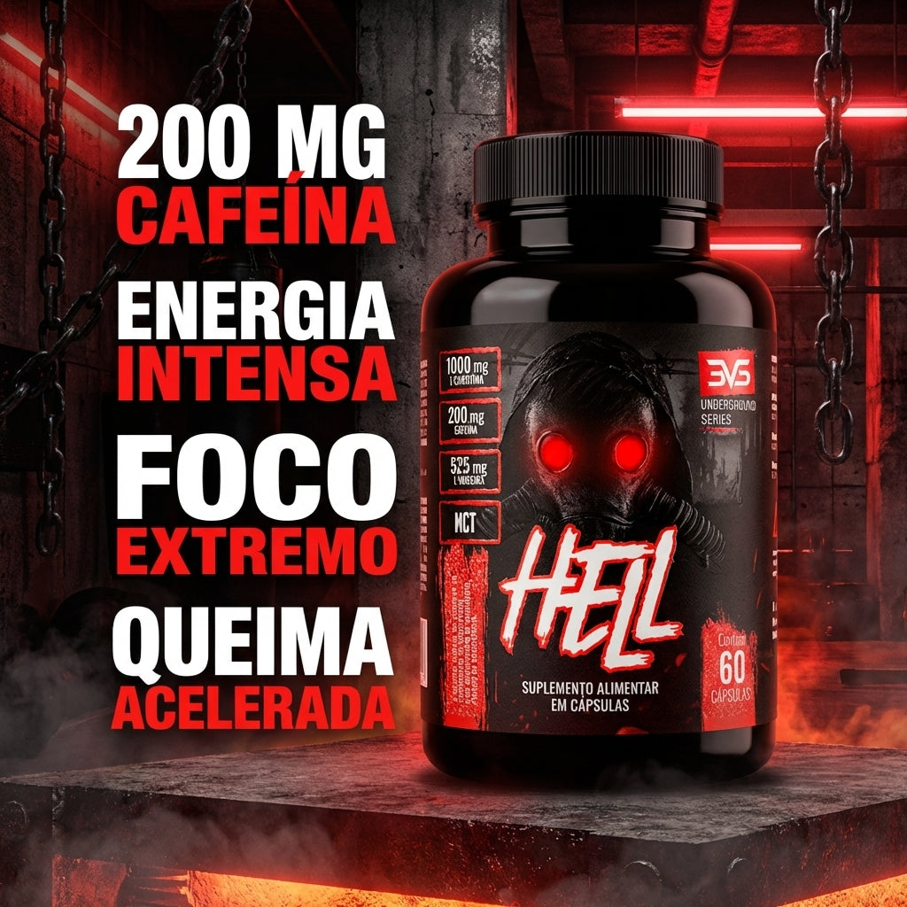 Termogênico Hell — destaques: 200 mg de cafeína, L-carnitina, foco e energia