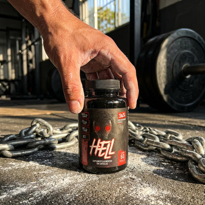 Termogênico Hell — flat lay com pote e cápsulas