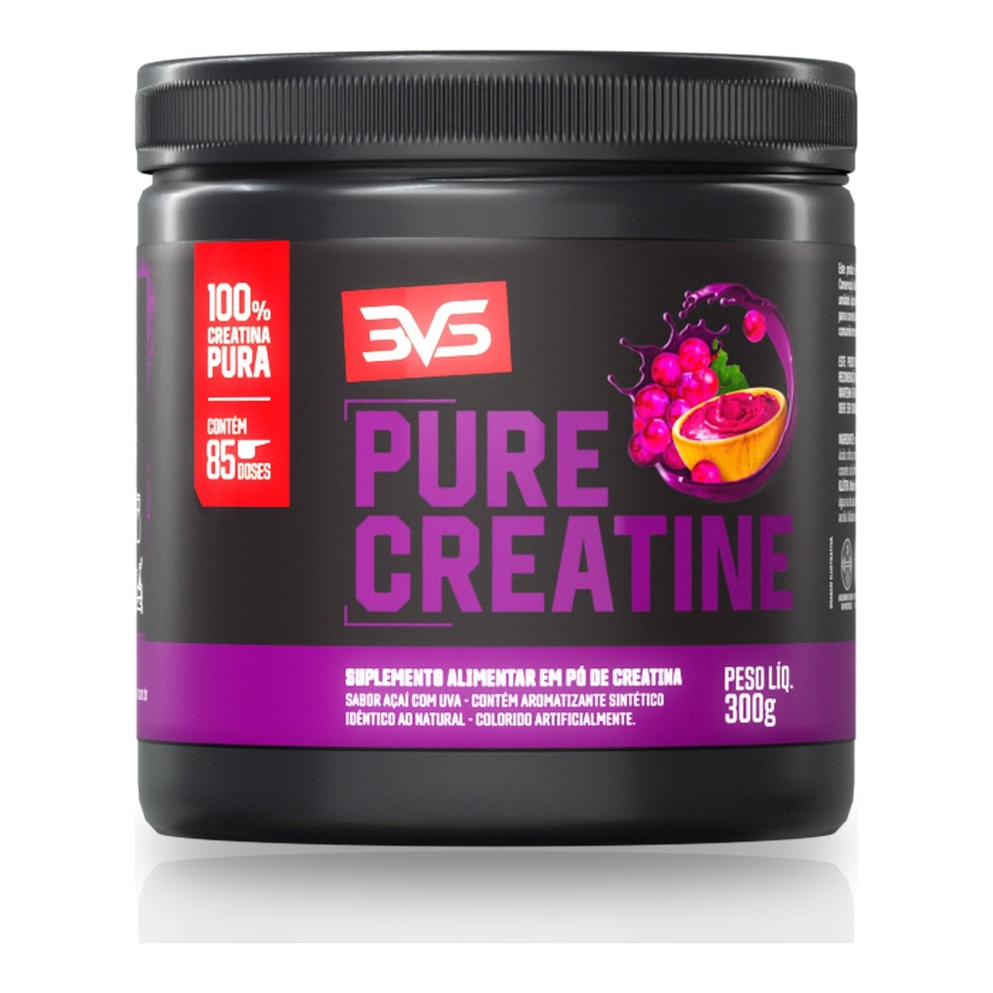 Creatina Pure Monohidratada Saborizada Açaí com Uva 300g — pote 3VS, 3g de creatina por dose