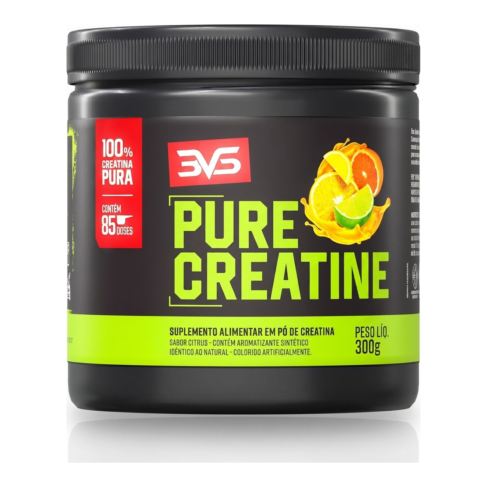 Creatina Pure Monohidratada Saborizada Cítrus 300g — pote 3VS verde, 3g de creatina por dose