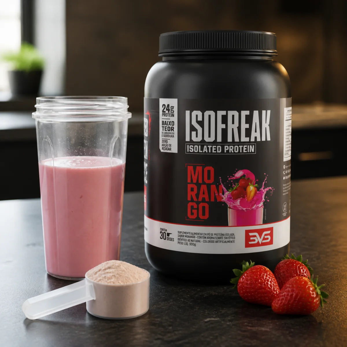 Isofreak Morango 3VS com shake, dosador e morangos