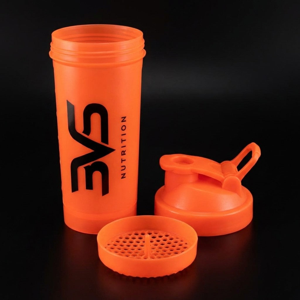 Coqueteleira Slim X Plus com Alça Laranja 3VS desmontada com peneira misturadora