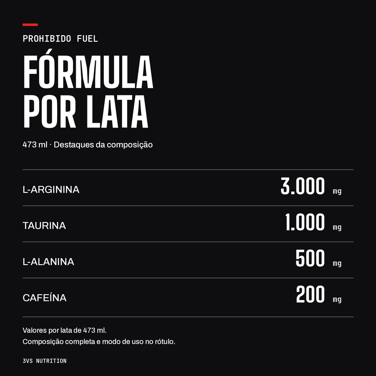 Fórmula do Prohibido Fuel por lata de 473 ml: L-arginina, taurina, L-alanina e cafeína