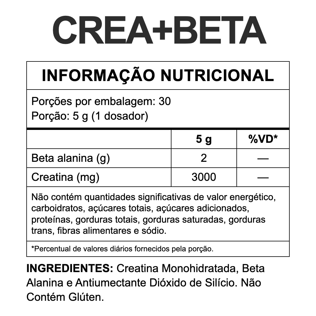 Tabela nutricional Crea+Beta 150g — porção 5g com 3000mg de creatina e 2g de beta alanina