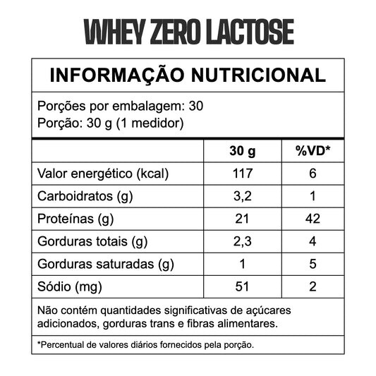 Tabela nutricional Whey Zero Lactose 3VS — 21g de proteína por dose de 30g, zero lactose