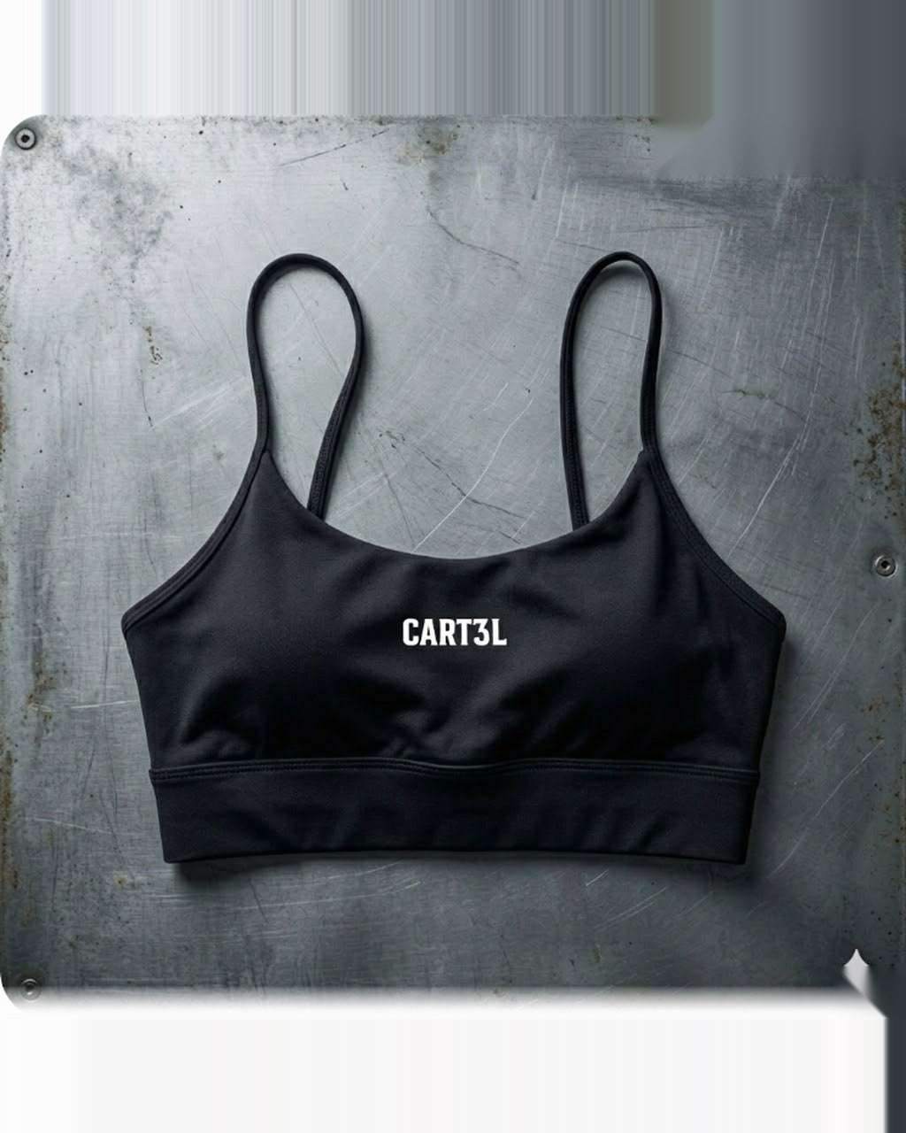 Top Cart3l 3VS preto · flatlay em metal industrial escovado