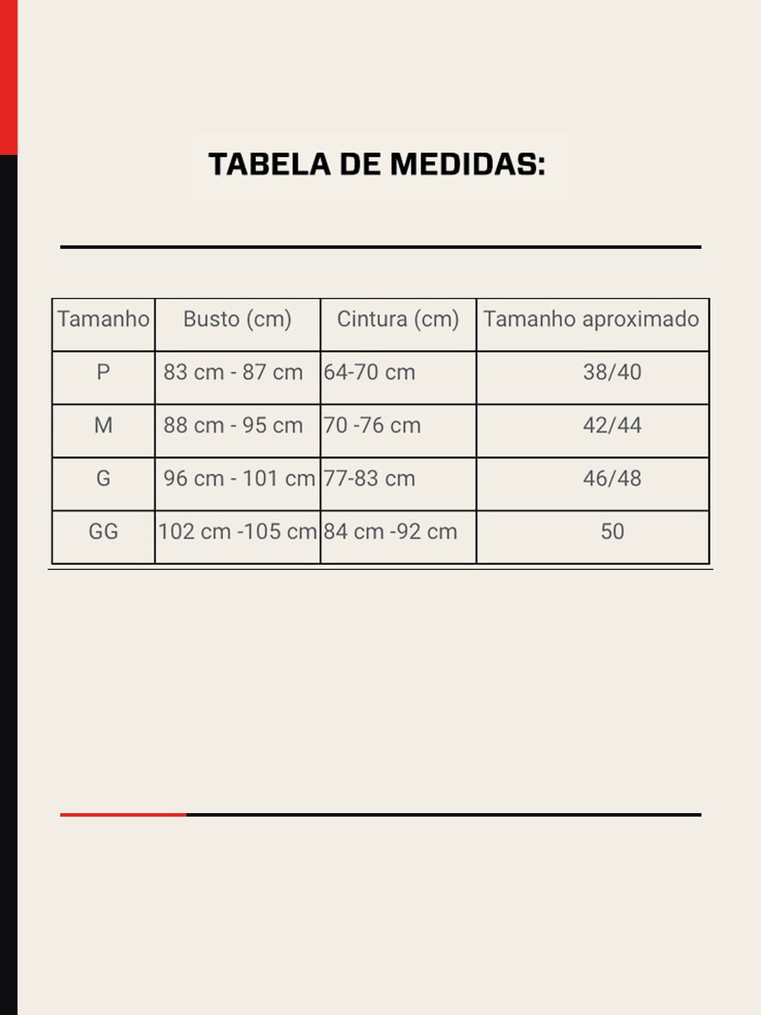 Tabela de medidas do Top Cart3l 3VS
