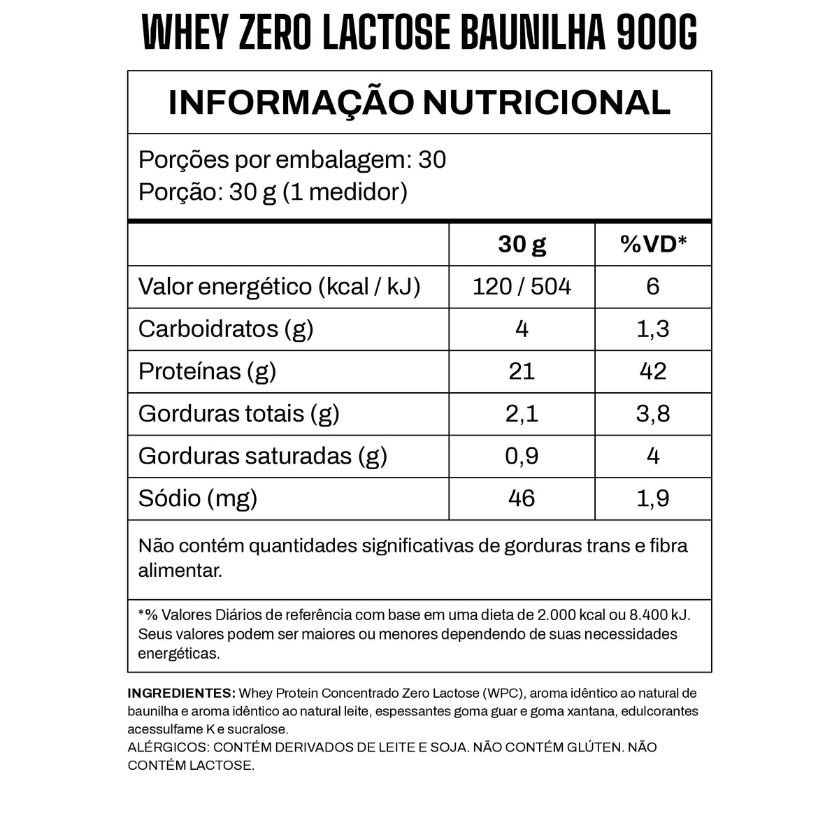 Tabela nutricional Whey Zero Lactose 3VS sabor Baunilha — 21 g de proteína por dose de 30 g, não contém glúten