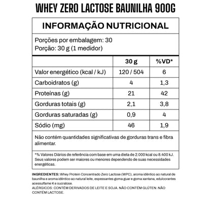 Tabela nutricional Whey Zero Lactose 3VS sabor Baunilha — 21 g de proteína por dose de 30 g, não contém glúten