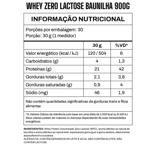 Tabela nutricional Whey Zero Lactose 3VS sabor Baunilha — 21 g de proteína por dose de 30 g, não contém glúten