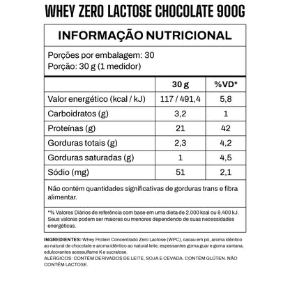Tabela nutricional Whey Zero Lactose 3VS sabor Chocolate — 21 g de proteína por dose de 30 g, contém glúten (cevada)