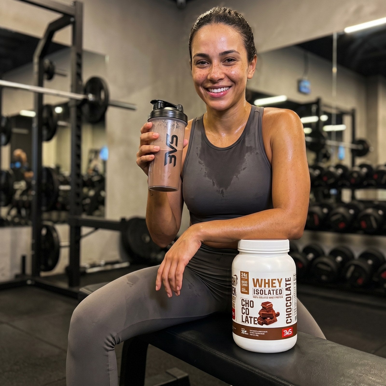Atleta na academia com shake de chocolate de Whey Isolado 3VS e o pote ao lado no banco