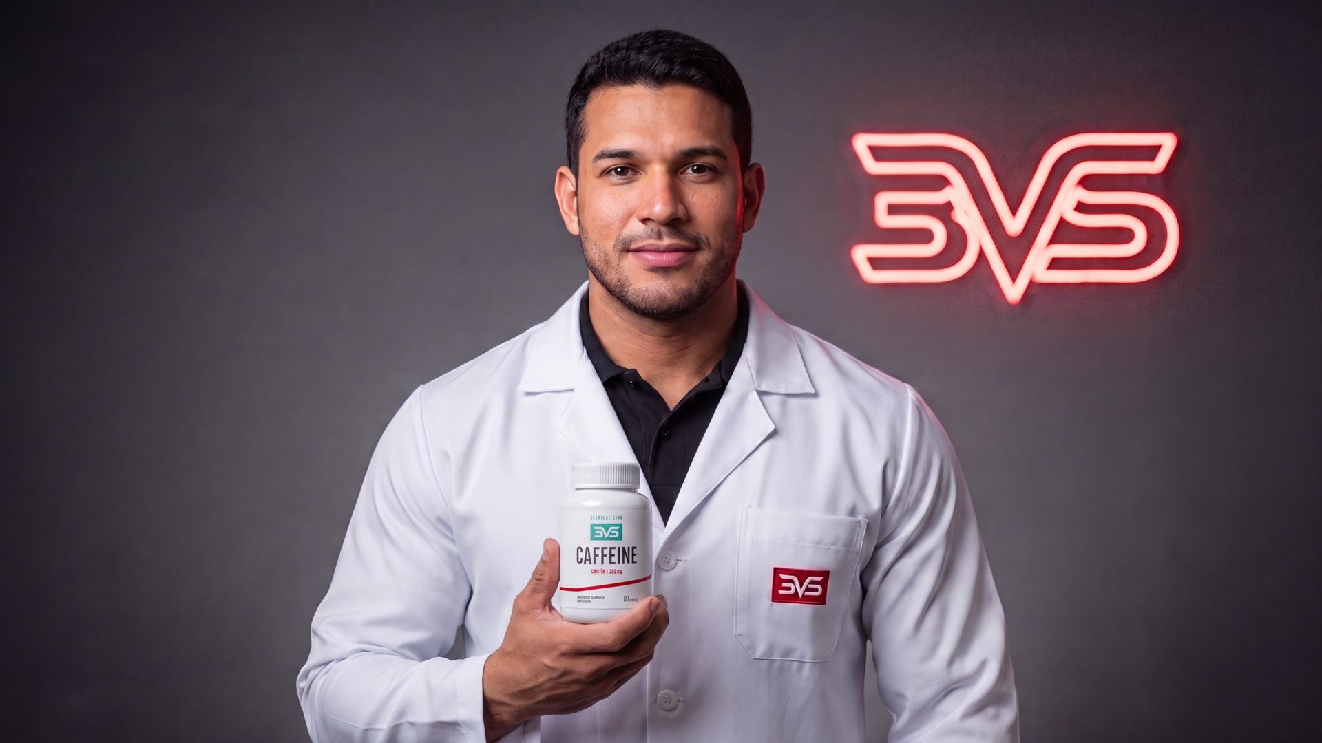 Apresentador de jaleco segurando o frasco de Cafeína 200 mg 3VS Clinical