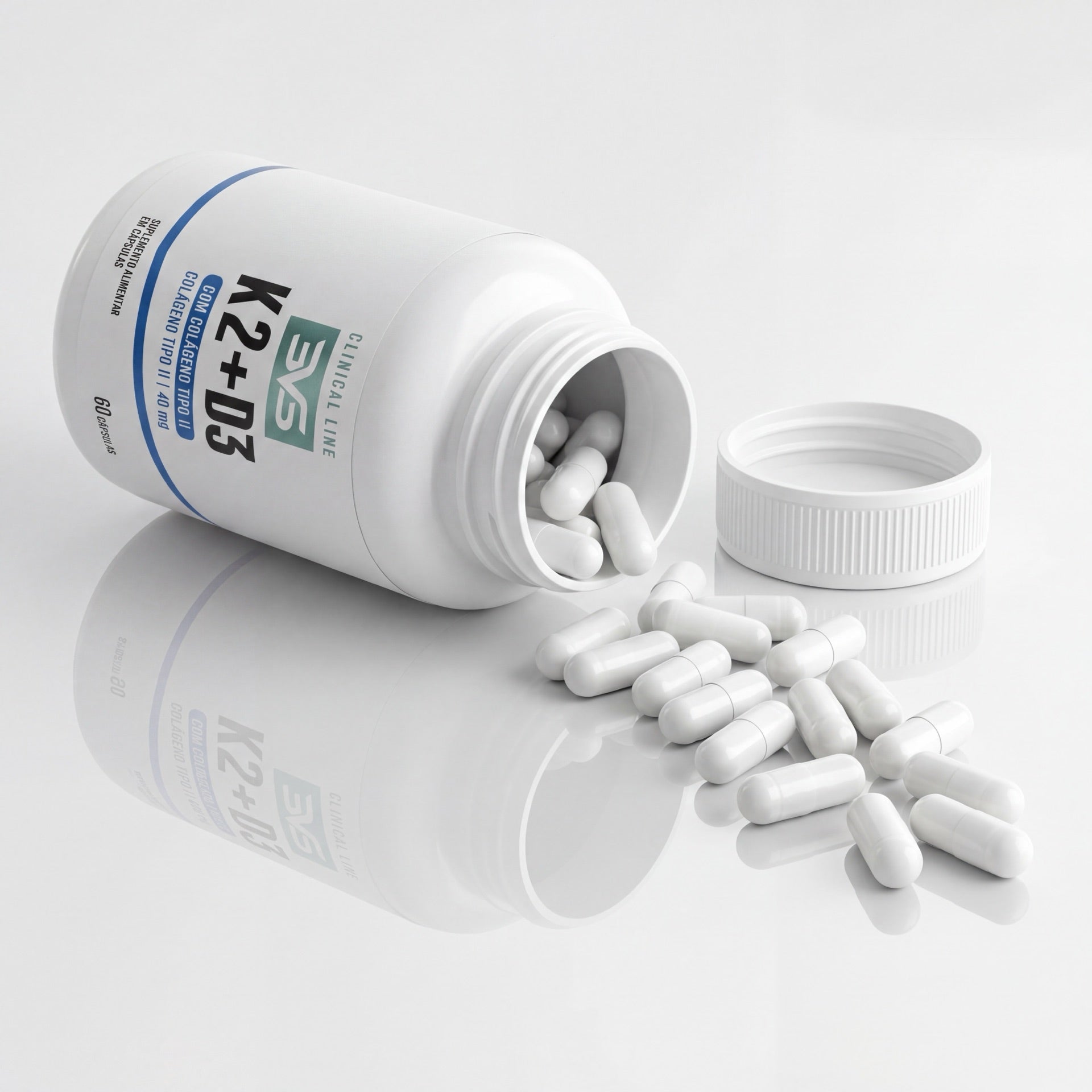 K2 + D3 com Colágeno Tipo II 3VS Clinical · 50 mcg vit D + 120 mcg vit K + 40 mg colágeno II por cápsula
