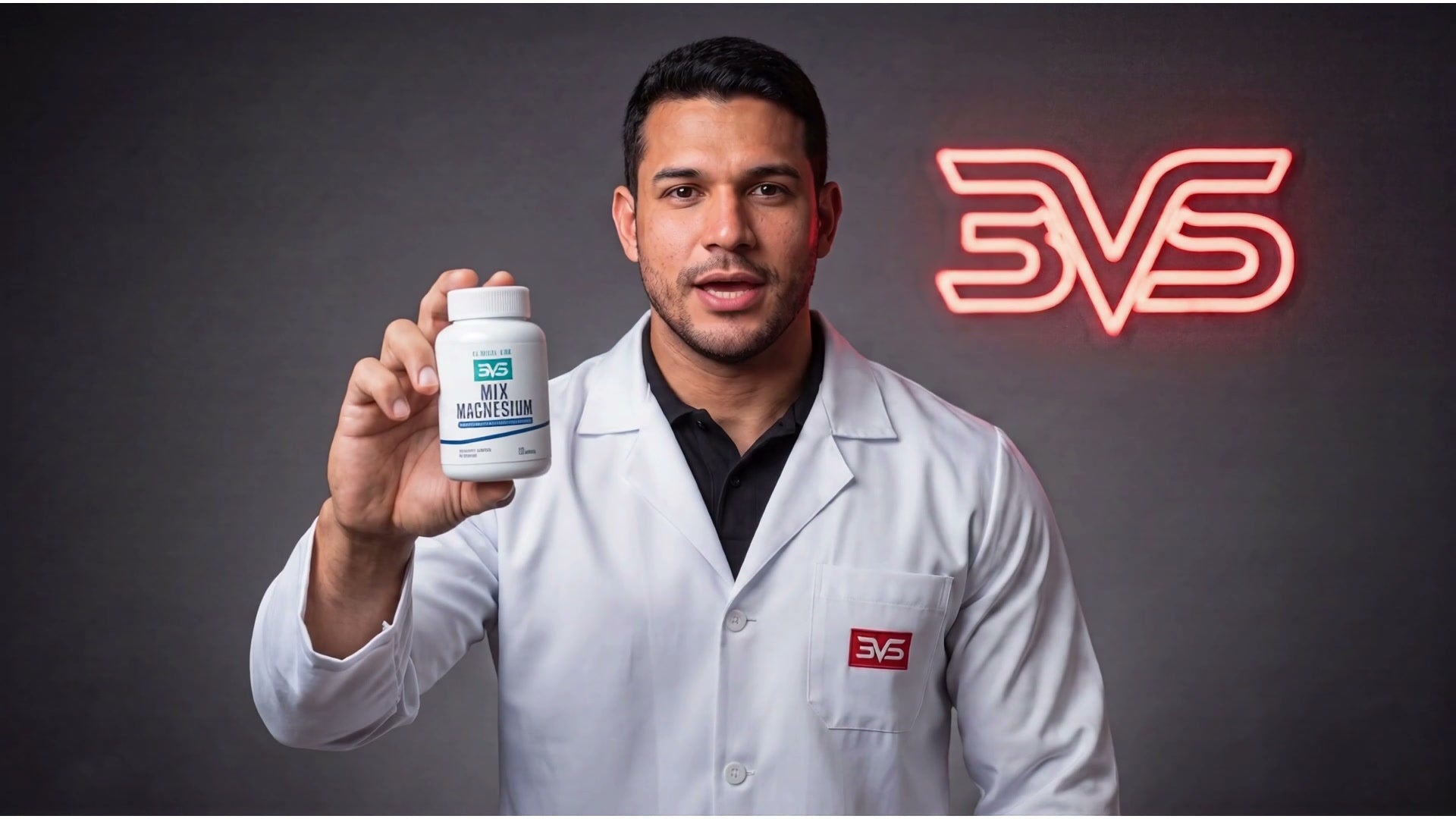 Apresentador de jaleco segurando o frasco de Mix de Magnésio 3VS Clinical