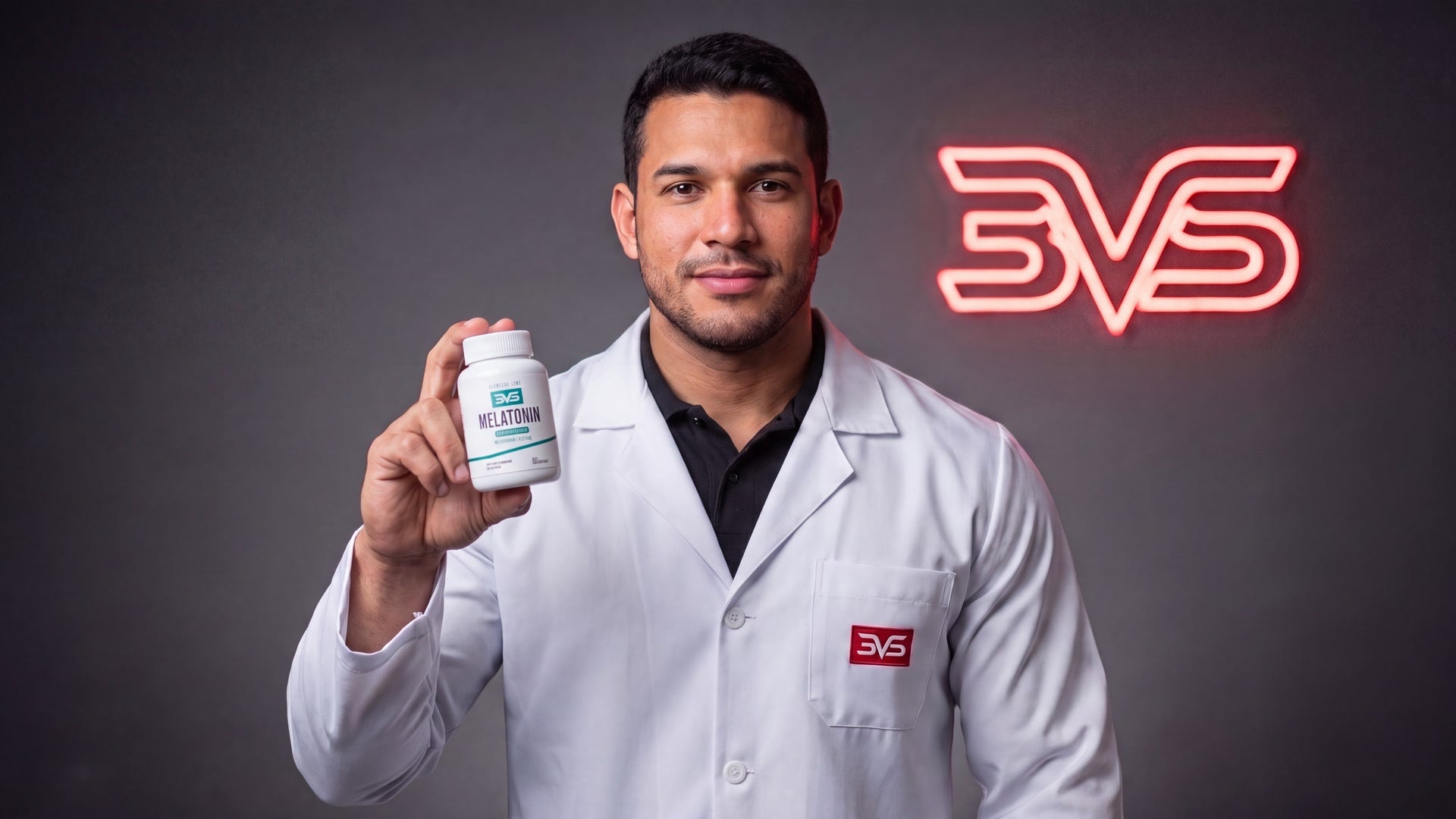 Apresentador de jaleco segurando o frasco de Melatonina com Triptofano 3VS Clinical