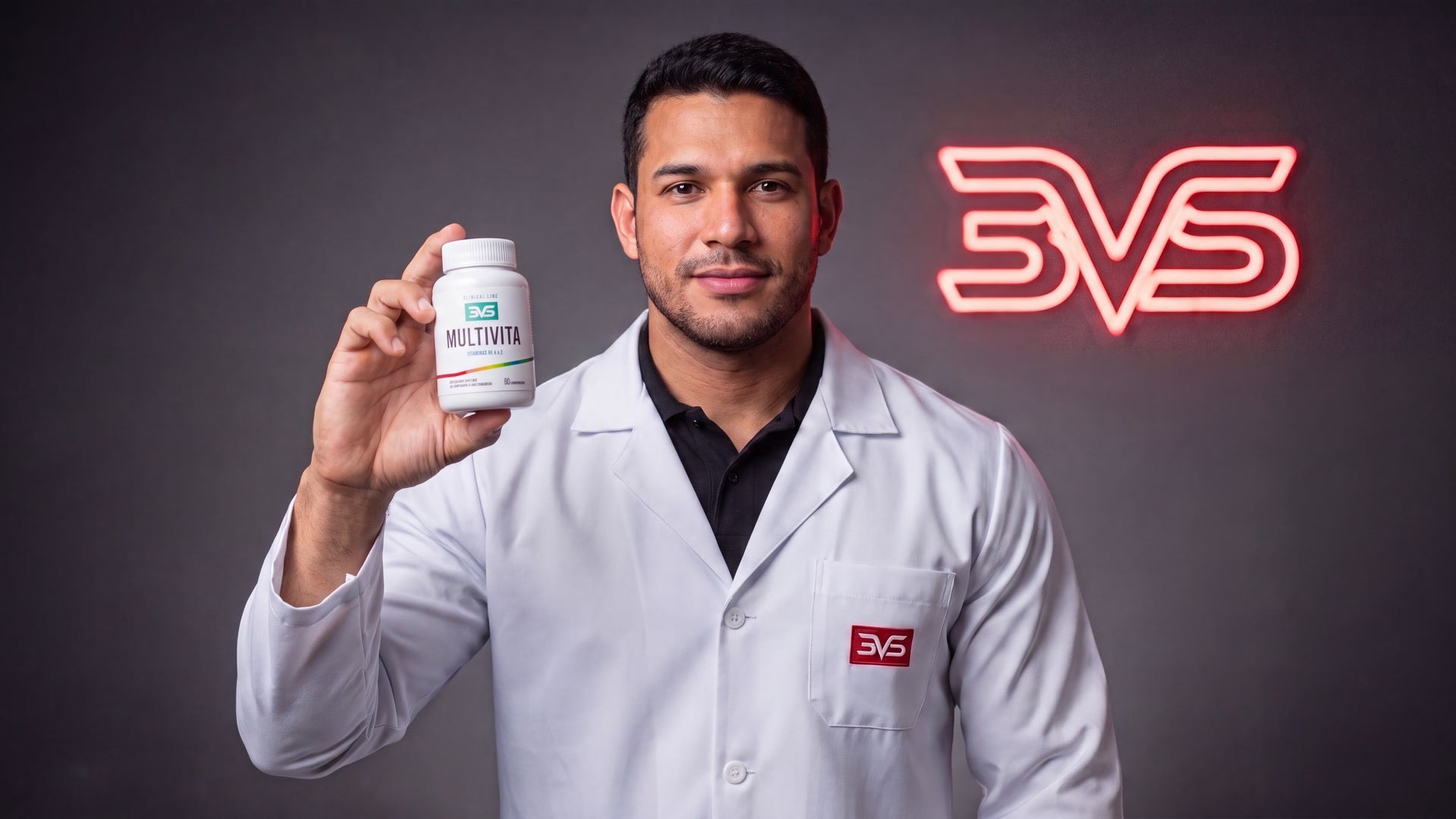 Apresentador de jaleco segurando o frasco de Multivita A–Z 3VS Clinical