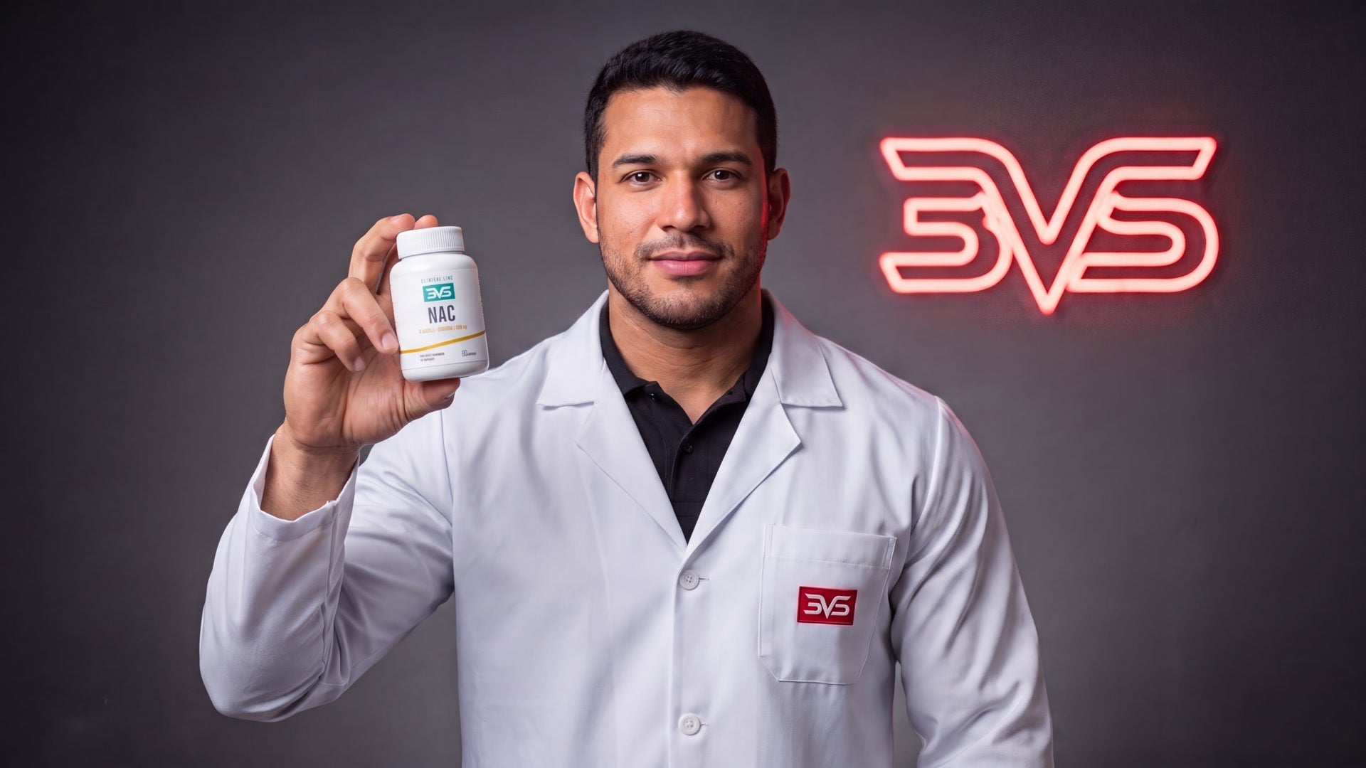 Apresentador de jaleco segurando o frasco de NAC 600 mg 3VS Clinical