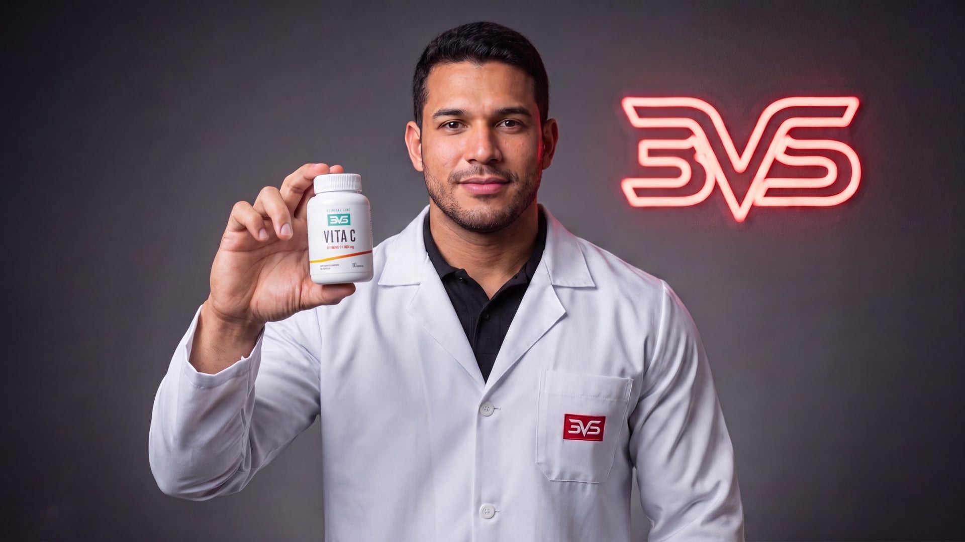 Apresentador de jaleco segurando o frasco de Vitamina C 1.000 mg 3VS Clinical