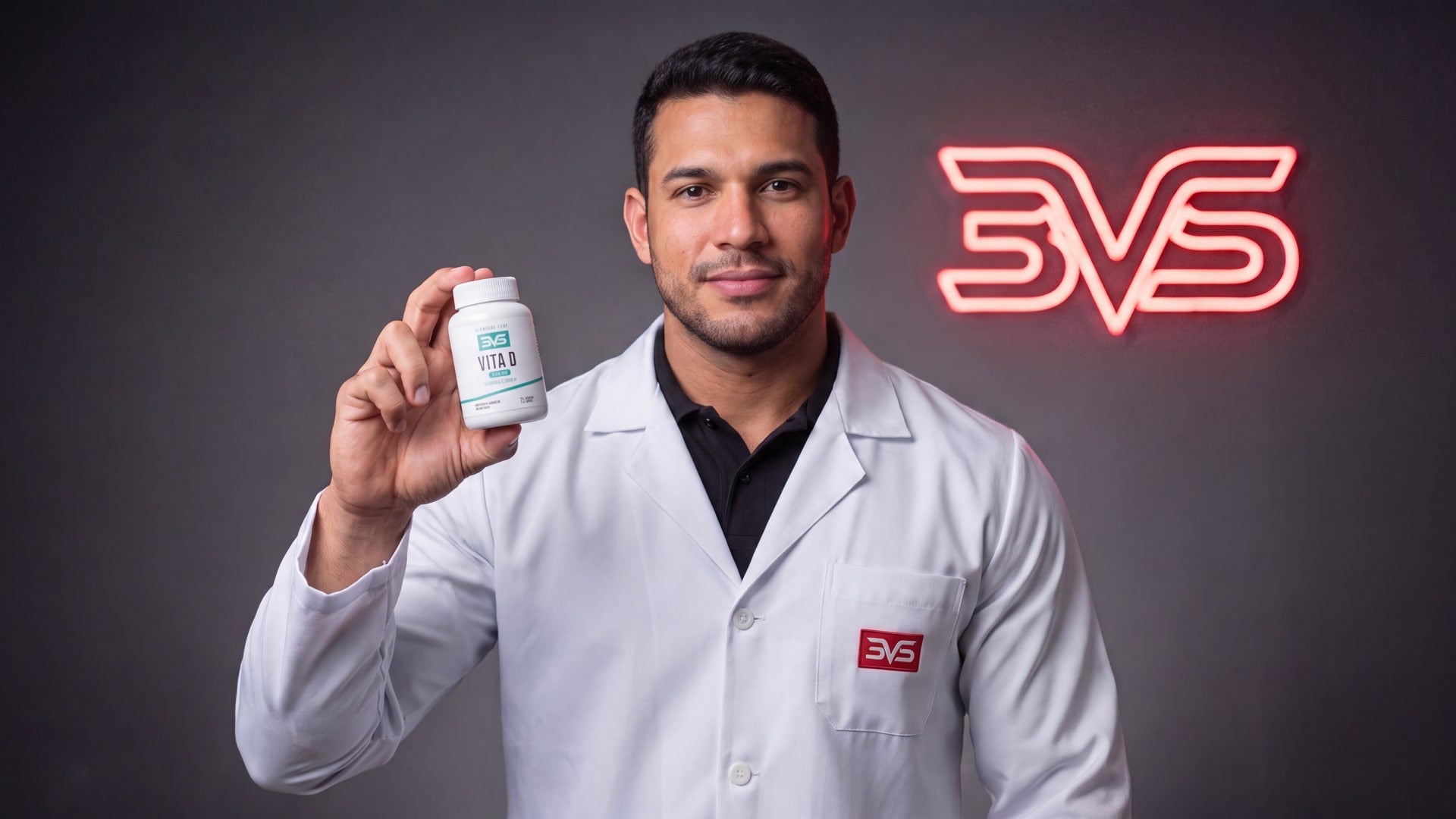 Apresentador de jaleco segurando o frasco de Vitamina D 2.000 UI 3VS Clinical