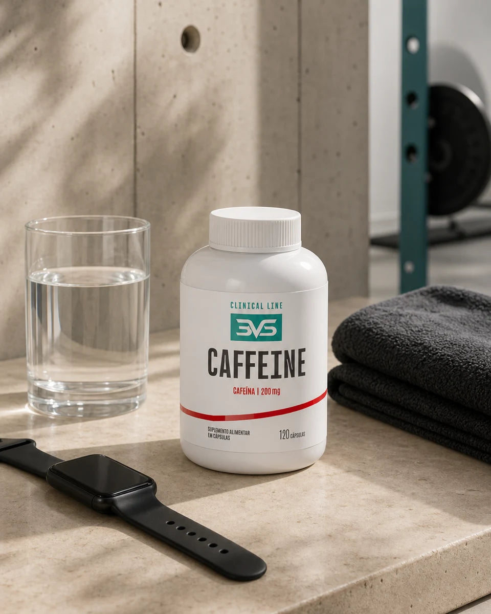 Cafeína 200 mg 3VS com água e relógio esportivo