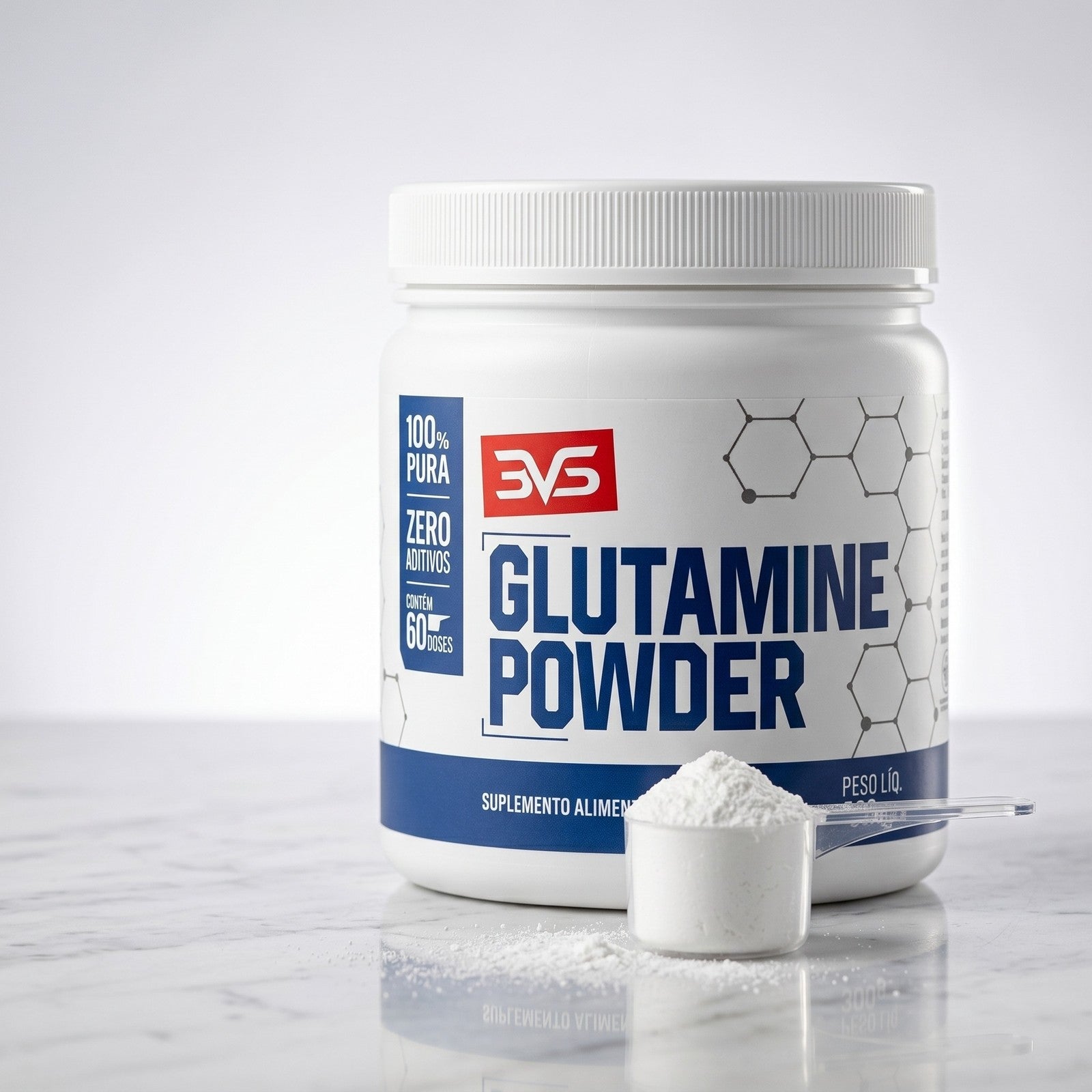 Pote de Glutamina 3VS Nutrition — 5g de L-Glutamina pura por dose, linha Core, fundo branco