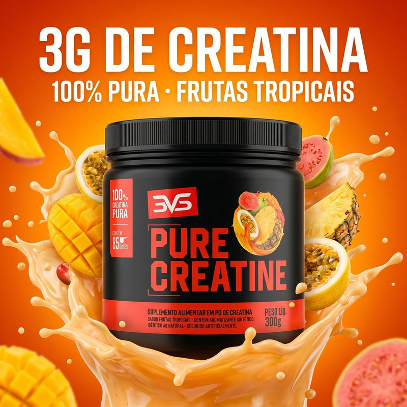 Creatina Pure Monohidratada 3VS sabor Frutas Tropicais — 3g de creatina por dose, 300g