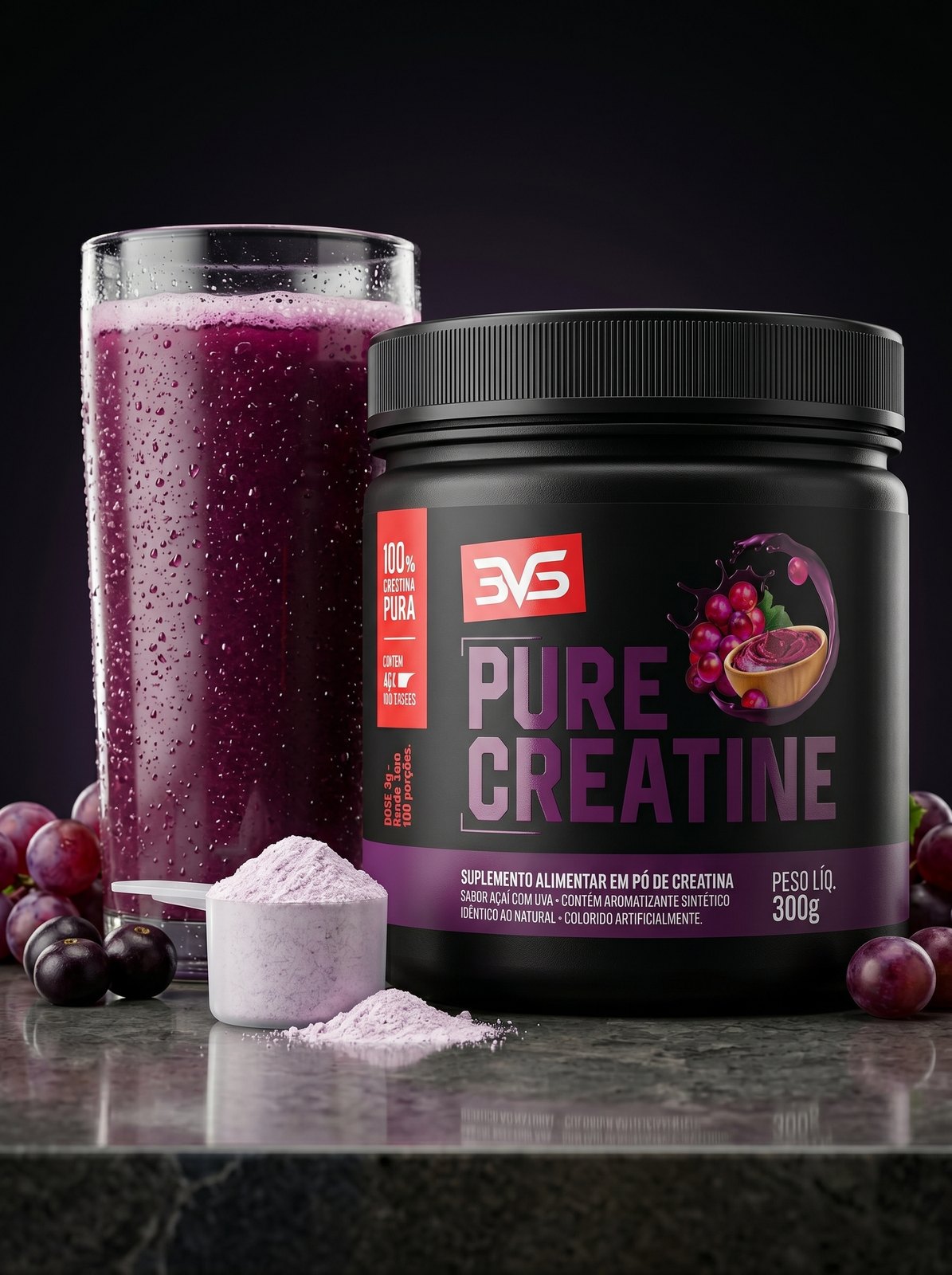 Creatina Pure Monohidratada 3VS sabor Açaí com Uva — 3g de creatina por dose, 300g
