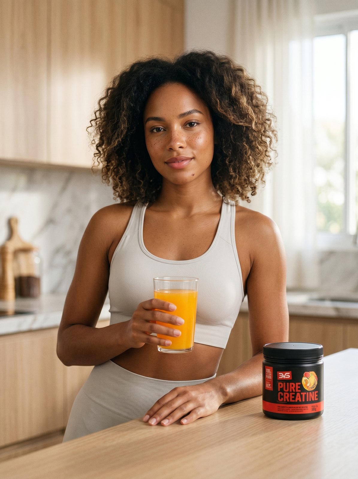 Atleta com o pote de Creatina Pure 3VS e um copo da bebida roxa sabor Açaí com Uva — 3g de creatina por dose