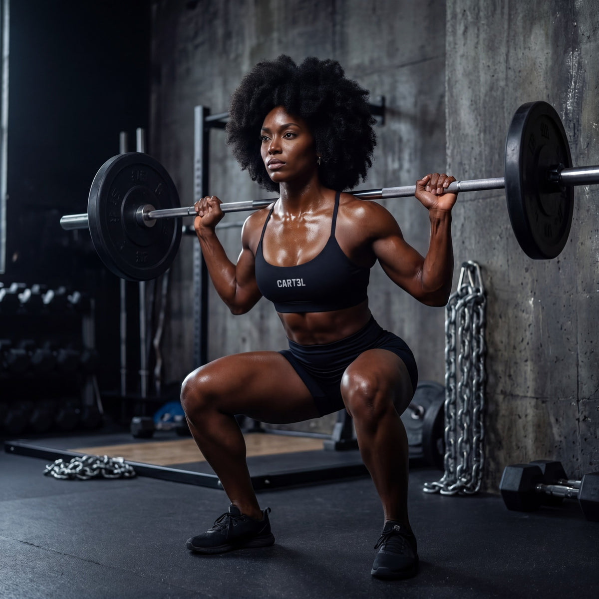 Atleta feminina realizando agachamento com barra em academia