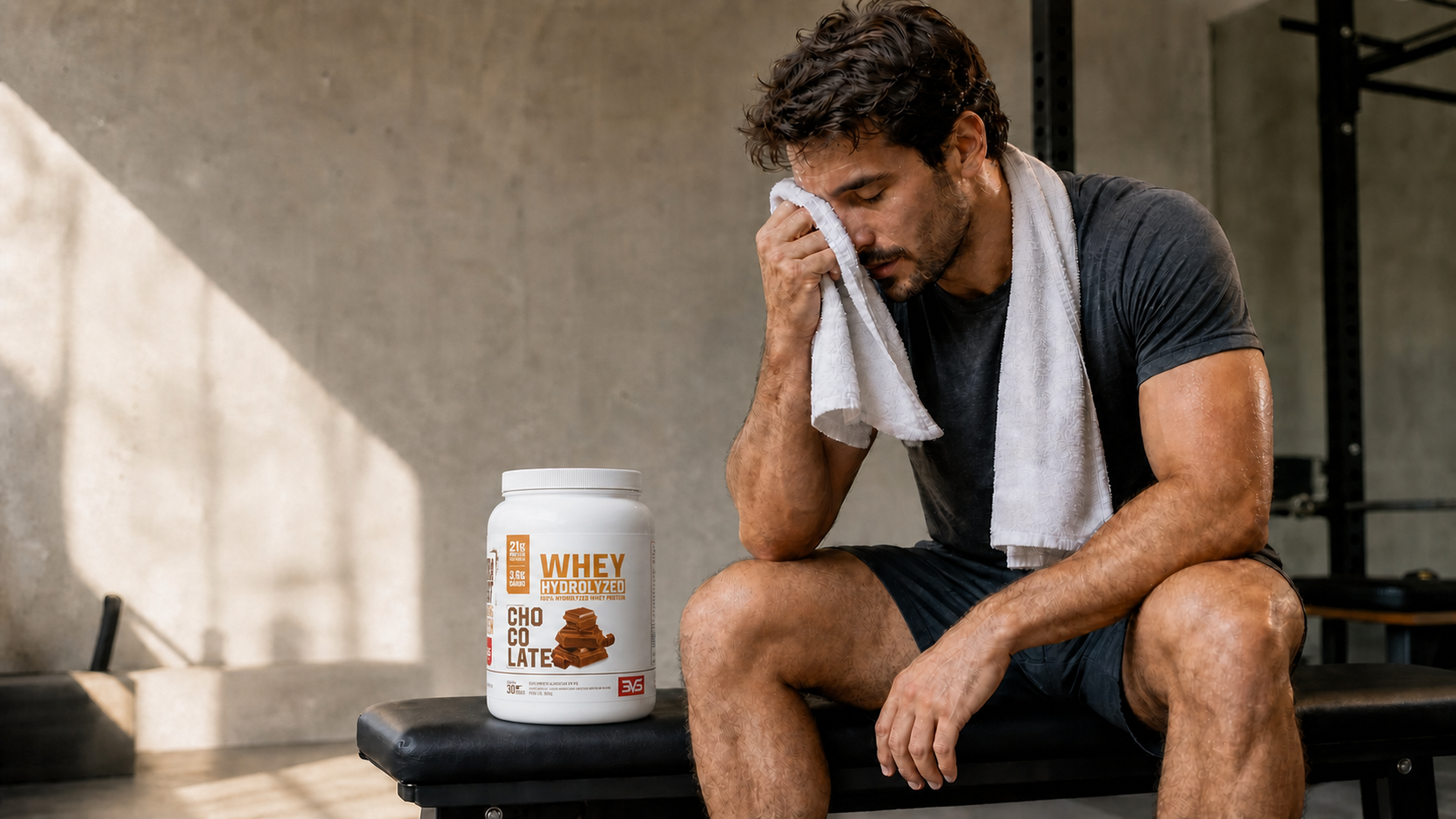 Atleta descansando após o treino ao lado do Whey Hidrolisada 3VS sabor Chocolate