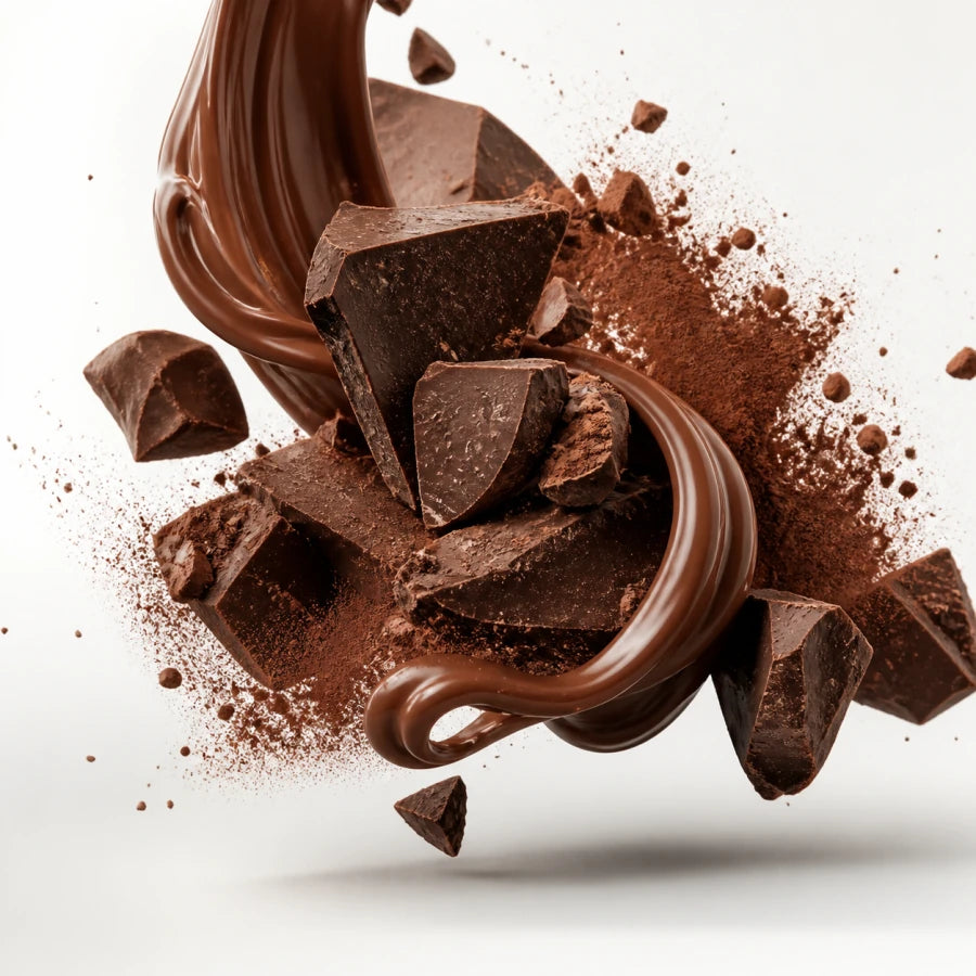 Chocolate amargo, cacau e creme representando o sabor Chocolate da Whey Isolada 3VS