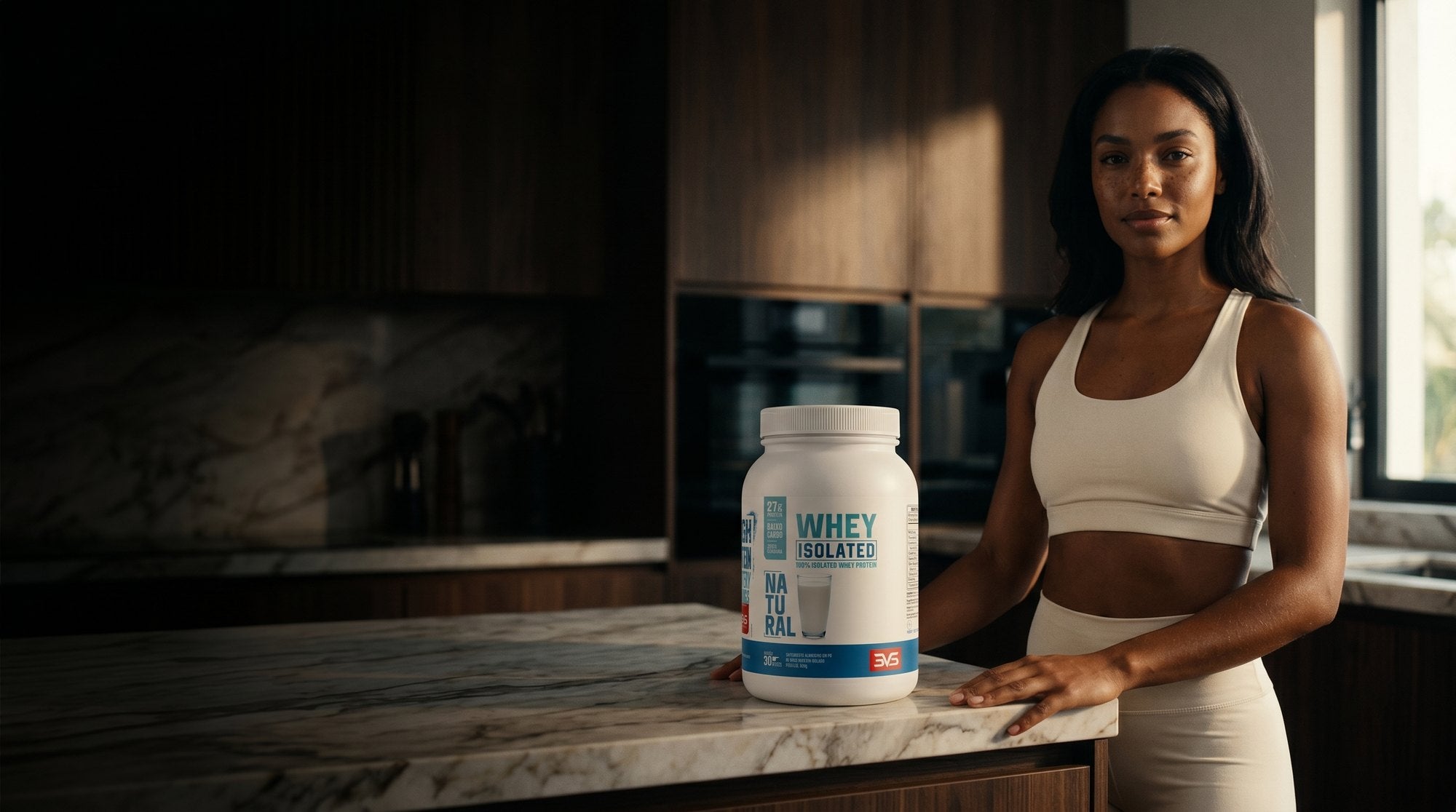 Pote de Whey Isolada 3VS Natural na bancada de uma cozinha premium com atleta ao lado — 27g de proteína isolada por dose