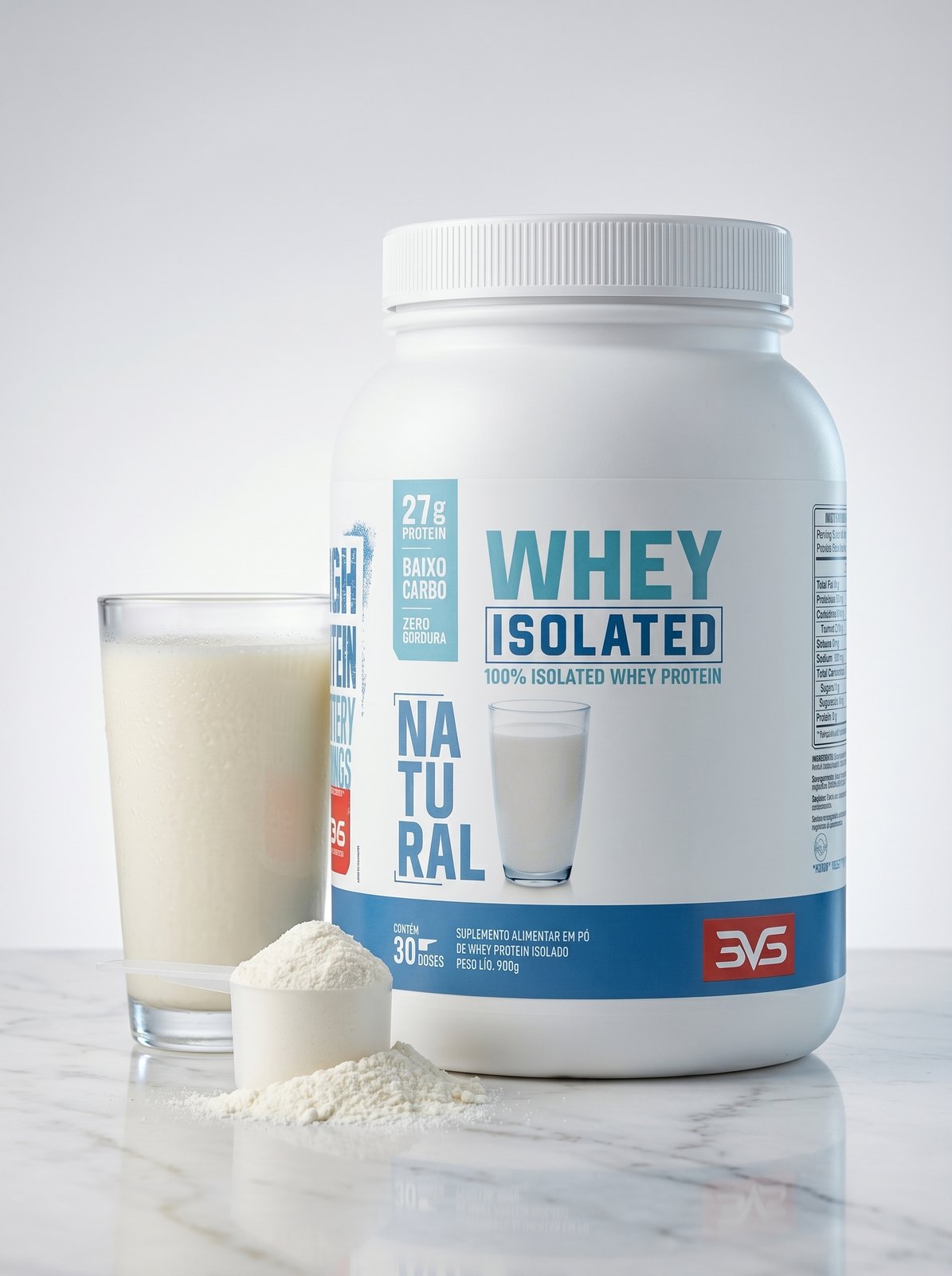 100% Whey Protein Isolado 3VS Natural 900g — 27g de proteína isolada por dose, adoçada com estévia