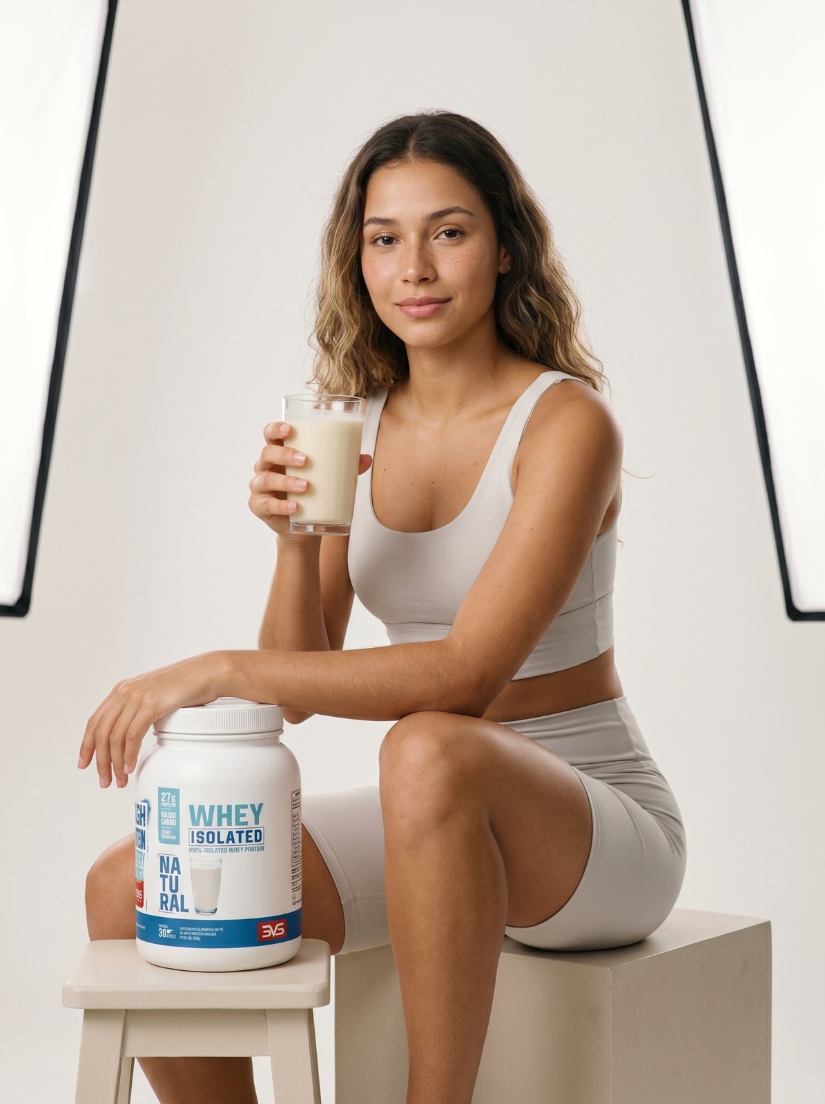 Atleta com o pote de Whey Isolada 3VS Natural e um copo de shake — proteína isolada adoçada com estévia